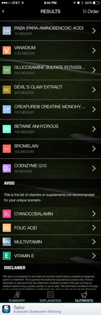 Partial list of recommended custom blend of nutrients from Nutrimatix.